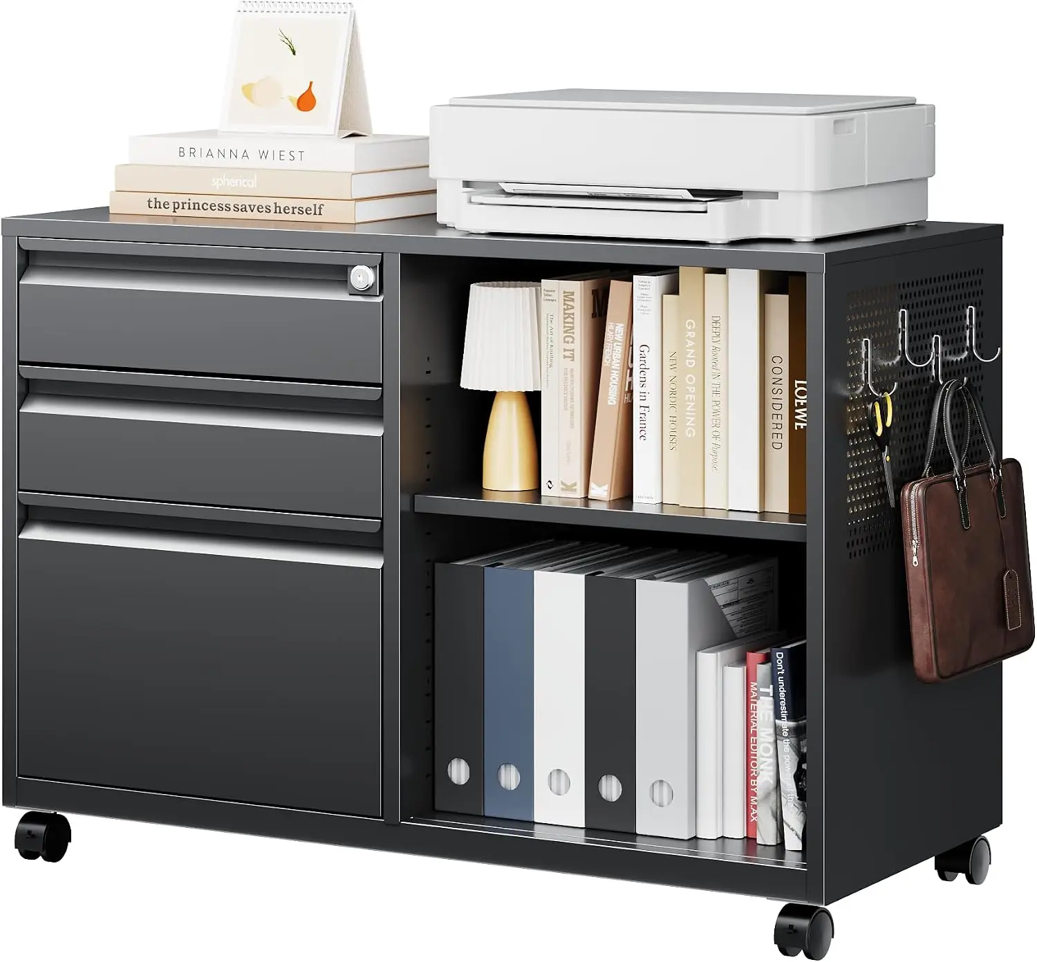 Letaya Mobile 3 Drawer File Cabinet with Lock-Metal Lateral Rolling Printer Stand Filing Cabinets for Home Office-Storage A4/F4/Letter (Black)