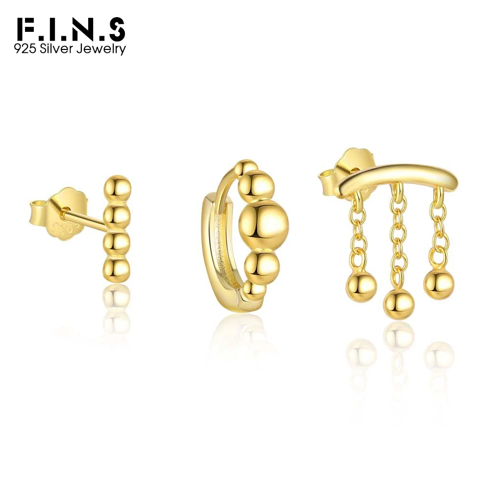 F.I.N.S Minimalist S925 Sterling Silver Round Ball Stud Earrings Stacked Bead Piecing Ear Hoops Clips Fashion Fine Jewelry Gifts