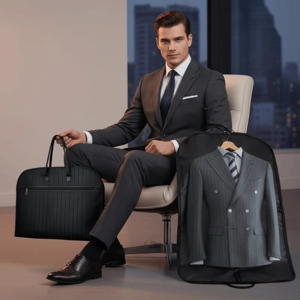 Thickened Garment Bag Oxford Cloth Zipper Closure Dust Cover Carry Handles Striped Design Suit Storage Bag