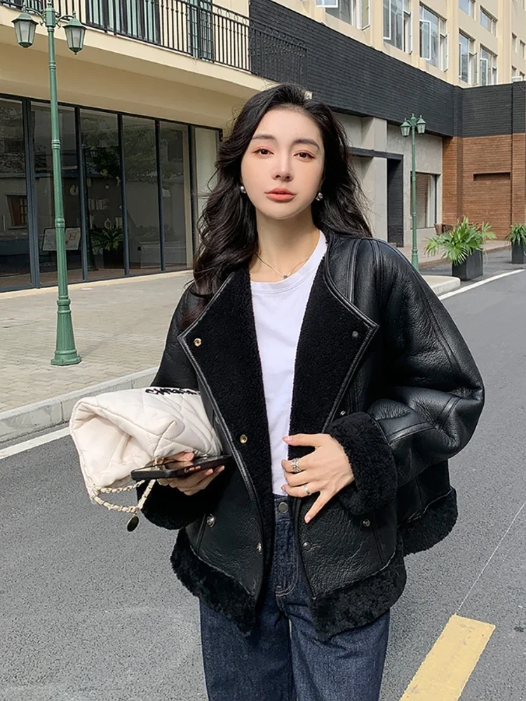 High Quality Wool Fur Integrated Women's Genuine Leather Jacket Black Round Neck Simple and Loose Warm Sheepskin Shearling Coat