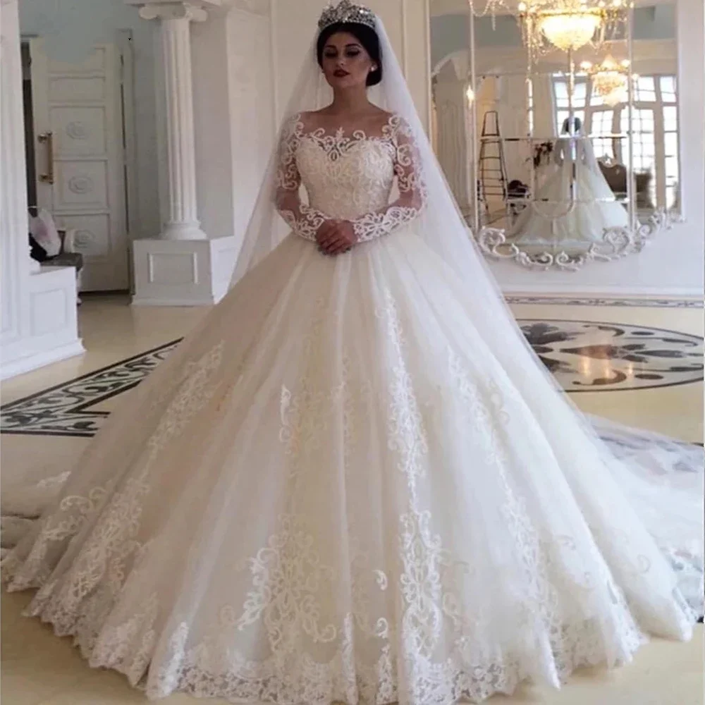 Aangepaste baljurk Saoedi-Arabische prinses trouwjurken met lange mouwen kant applique bruid vestido de noiva فسات dh nami