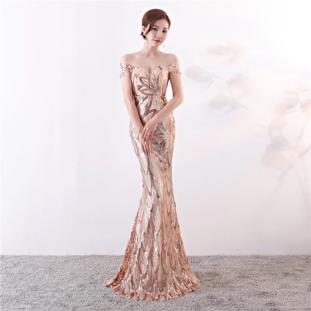 Customized Women's Off-Shoulder Sequins Sweep Train Mermaid Evening Dress