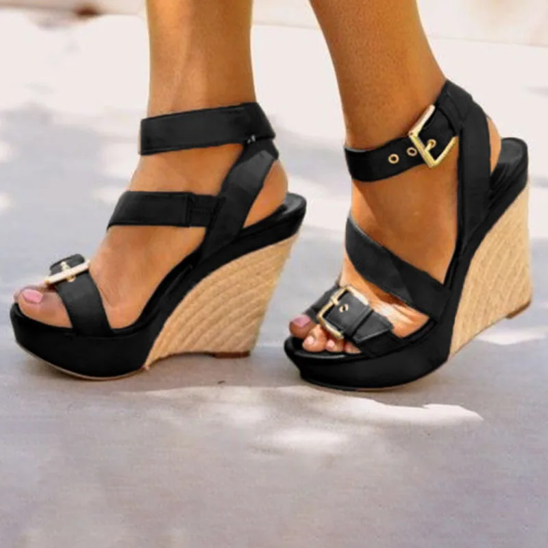 Women Sandals Summer Fashion Peep Toe Wedges Heel Sandals Casual Backle Strap Shoes Lady Thick Sole Brown Sandals 2021 New Shoes