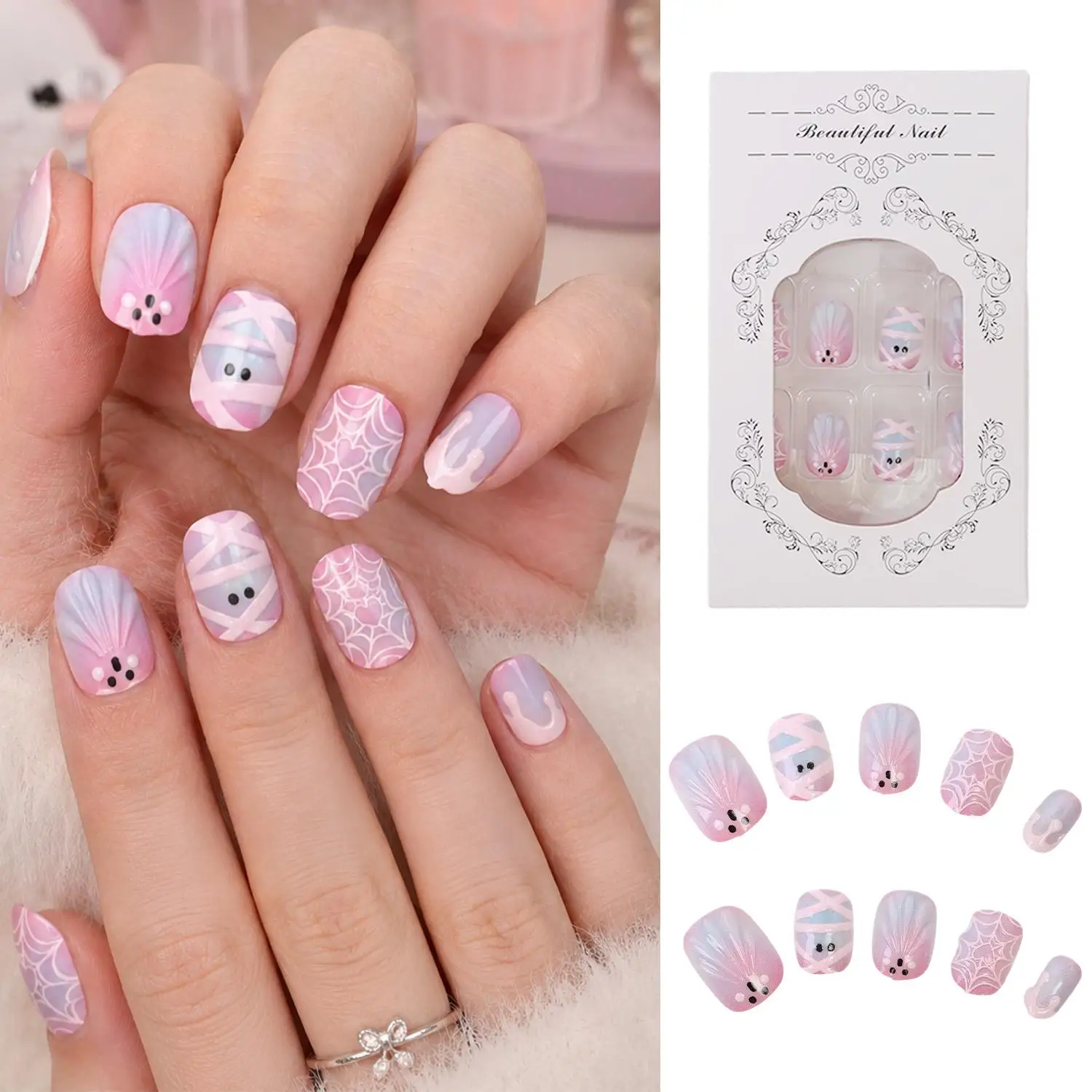 24pcs Sweet False Nail Detachable Fake Nails Tips Cute Ghost Cat-Eye Spider Web Mummy Halloween Design Full Cover Press on Nails