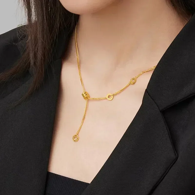 

New 100% Gold Necklace Female Niche Design 24K Clavicle Chain, Small Waist 999 Pendant Trendy Simple Gift Womens Necklace