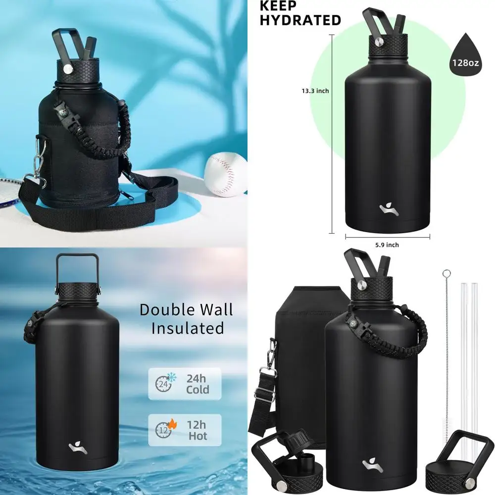 

128 oz Insulated Water Bottle with 3 Lids, Straw, Paracord Handle, and Carrying Bag - Double Wall Stainless Steel Flask, Black