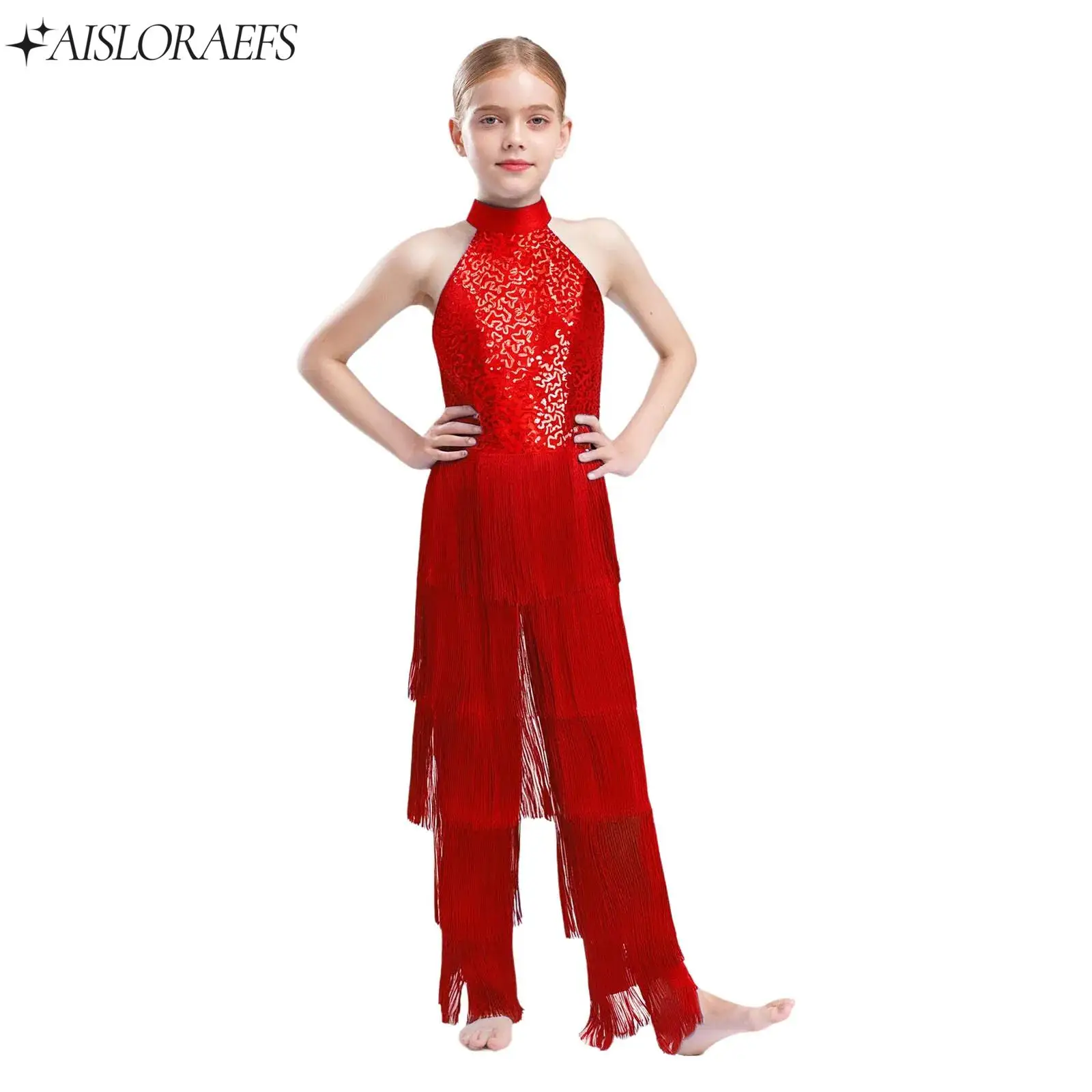 

Child Latin Tango Dance Tassel Sequin Jumpsuit Girls Cha-cha Samba Performance Dancewear Kids Halter Sleeveless Bodysuit Clothes