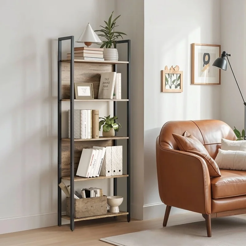 

5-Tier Bookshelf, Book Shelf, Industrial Bookcase, with Steel Frame, for Living Room, Home Office, Bedroom, 9.4 X 24.4 X 65 Inches