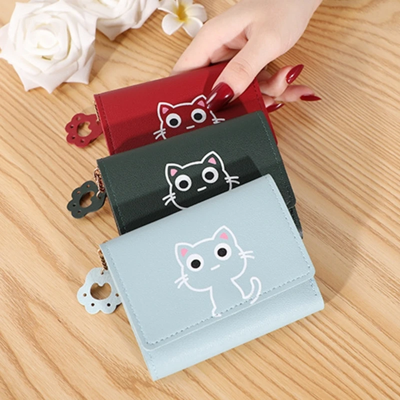 Portefeuille de qualité compact et durable pour femme, mini porte-cartes à fermeture éclair, poches pour espèces, porte-monnaie à la mode, petit chat de dessin animé