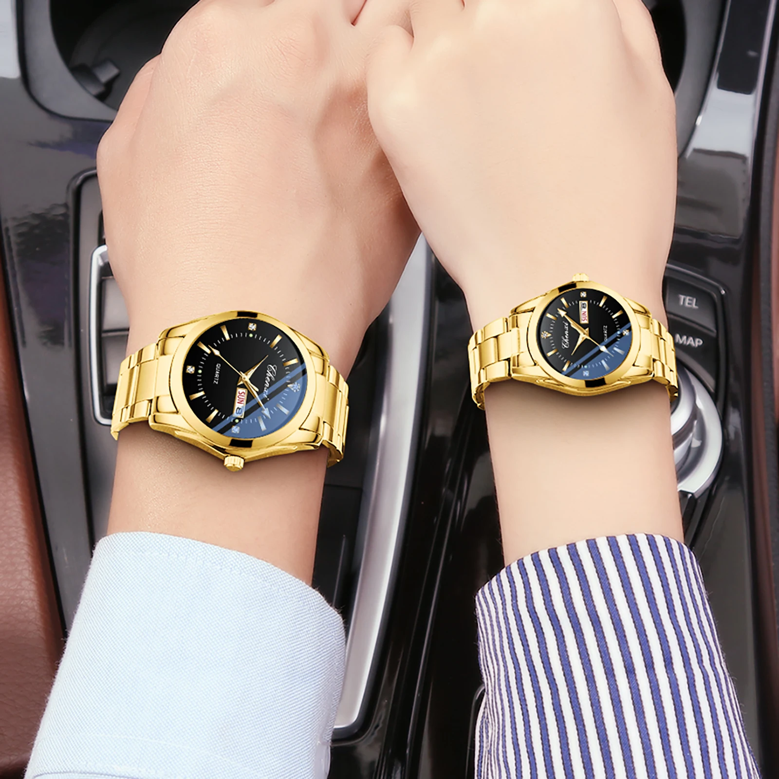 CHENXI-relojes de pareja dorados de acero inoxidable, resistente al agua, para hombre y mujer, par de relojes de cuarzo con calendario semanal de