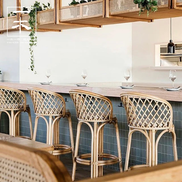 Rattan Woven Bar Chair Back Comfortable High Foot Chairs Vintage Light Bar Stools Nordic Modern Dining Room Design Counter Stool AliExpress