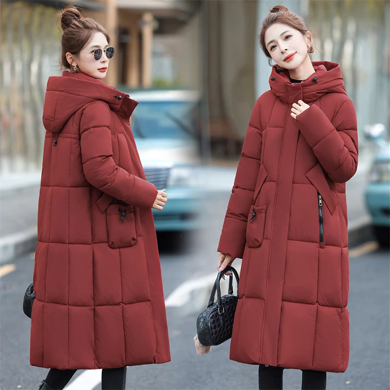 

Slim Long Cotton Padded Jackets 2025 Winter New Thick Warm Parka Coats Stand Collar Hooded Outwear Korean Temperament Fashion