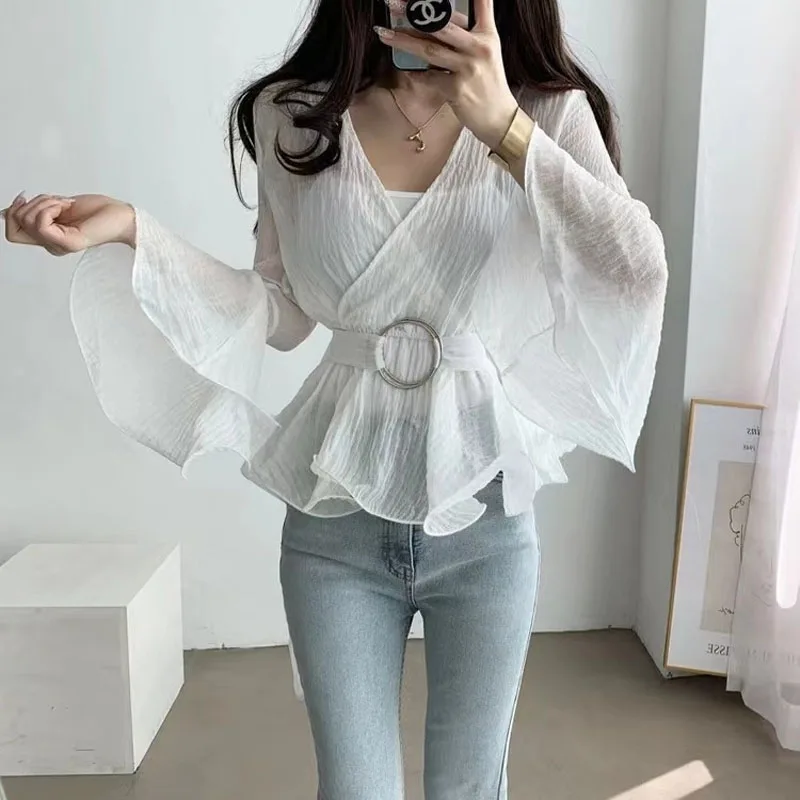 2024 Summer New Women Design Sense High Waist Overlapping Pagoda Sleeve Long Sleeved Chiffon Shirt V-neck Multicolor Sashes Tops