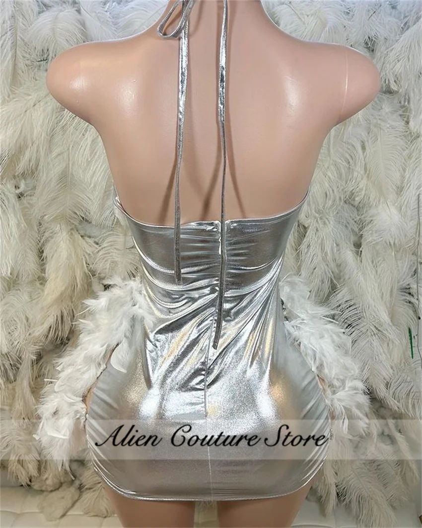 Abito da compleanno 2024 Perline d'argento Breve ballo di fine anno Piuma di cristallo Strass Abito da cocktail Abito da compleanno Abiti in pelle personalizzato