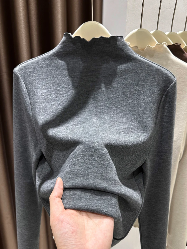 

Утепленная женская базовая кофта с высоким воротником и рюшами по низу, осенне-зимняя, повседневная, теплая, с воротником-стойкой