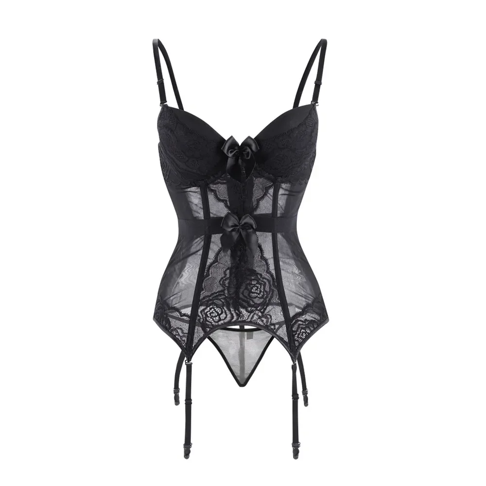 Sexy Mesh Yarn Lace Lingerie for Women Transparent Open Corset Bodysuit Bra Chest Brace Garters Underwear Corselet Tops