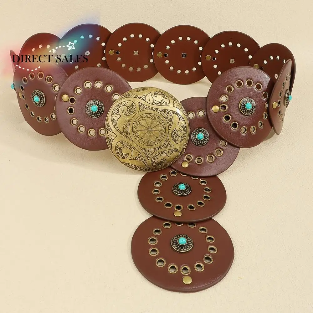 Exaggerated Wide Boho Disc Belt Adjustable Rivet Western Leather Waistband Turquoise Y2k Carved Buckle Waist Belt Skirt