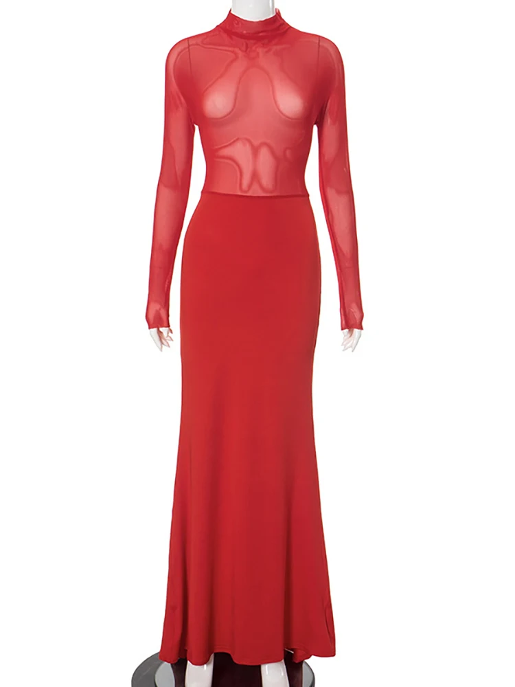 JULISSA MO Sexy See Through Mesh Women Maxi Dress Red Turtleneck High Waist Dress Female Summer Slim Elegant Party Clubwear 2024