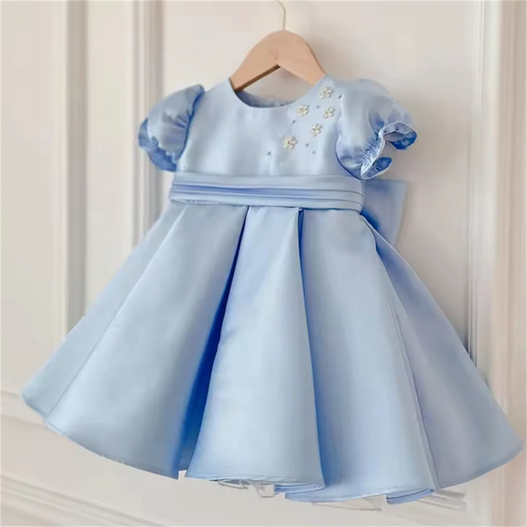 

Customized Sky Blue Flower Girl Dresses Elegant Bow Princess Satin Ball Gown for Kids Birthday Party First Communion Dress