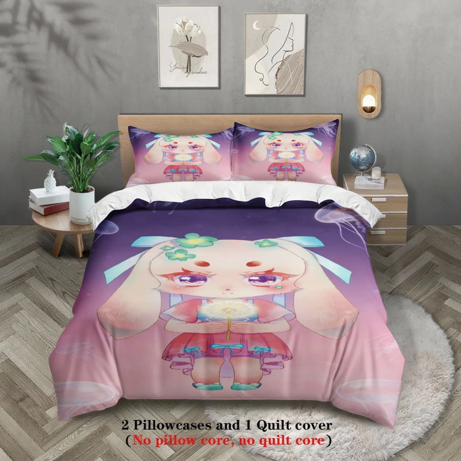 Softville Cozy Town 3PCS Bedding Sets Lop Rabbit Pink-Purple Gradient Pint Duvet Cover No filling Cartoon Style Queen King Size