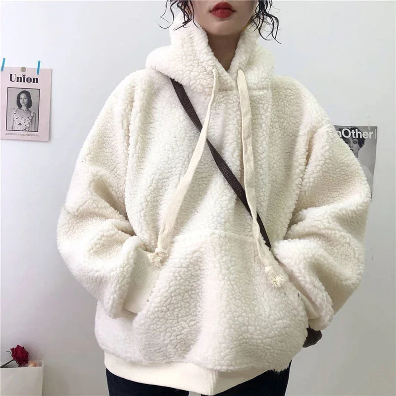 Winter Loose Long-sleeved Lamb Plush Warm Ladies Pullover Plus Velvet Thickening Casual Loose Lantern Sleeve Women\'s Hoodie