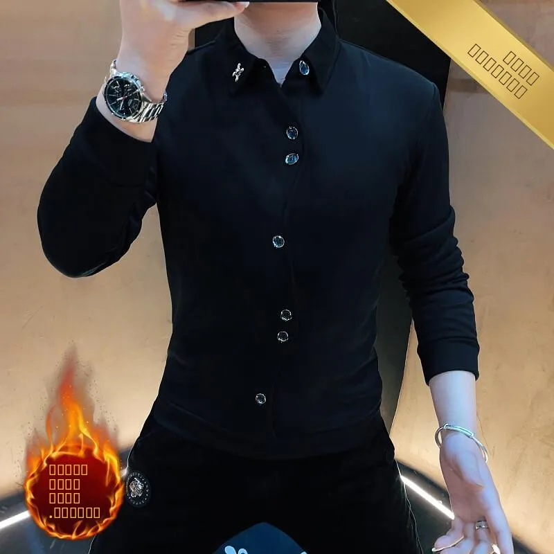 

Мужская модная верхняя одежда: тонкая роскошная рубашка с отложным воротником и длинным рукавом, индивидуальный стиль, осенняя коллекция, из ПУ, с антимикробной пропиткой