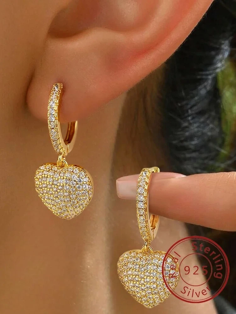 Wunderschöner, modischer, glänzender Liebesherz-Zirkon-Ohrring aus 925er-Sterlingsilber für Damen, Jahrestag, Party, hochwertiger edler Schmuck