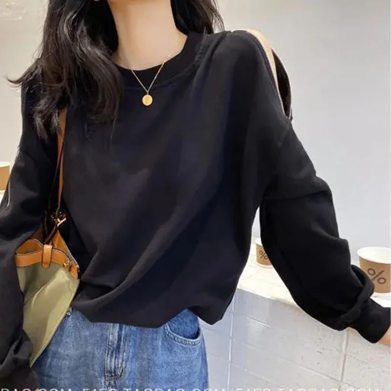 Korean Gray Sweatshirt Women Long Sleeve Sexy Off Shoulder O-Neck Basics Tees Loose Zipper Casual Fashion Solid Pullover