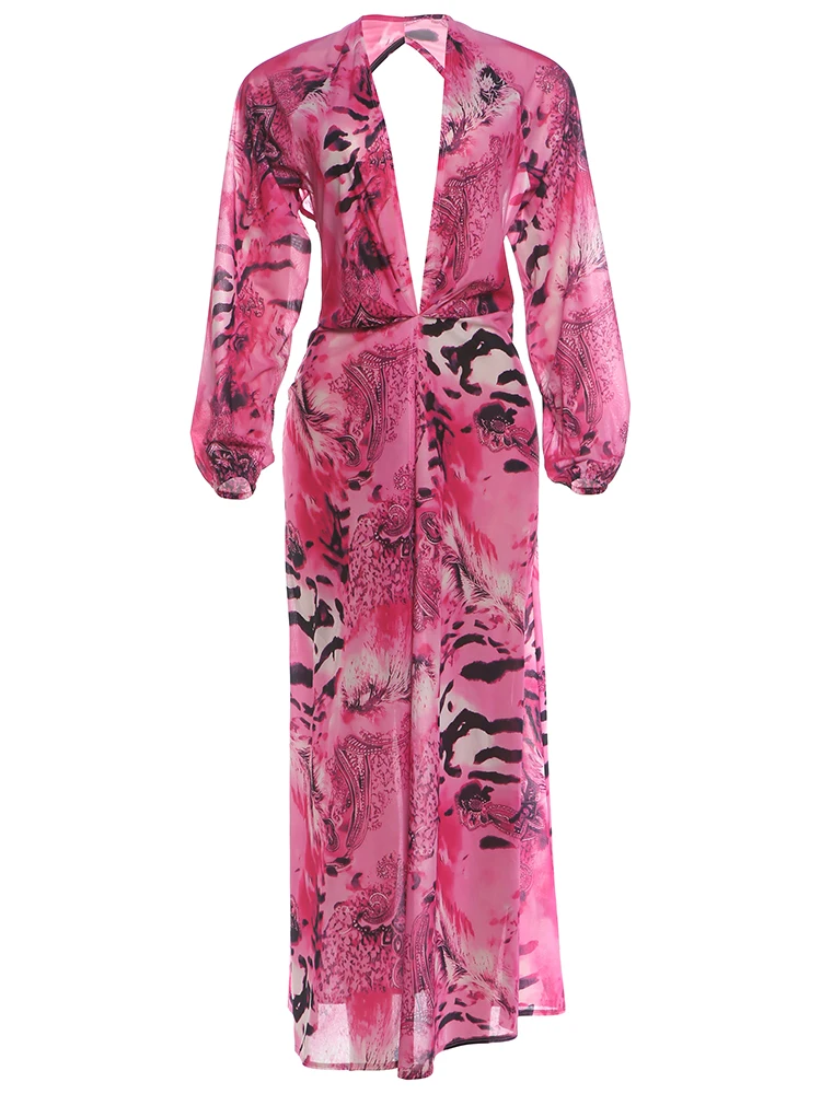 Sisterlinda Rückenfreies langes Kleid für Damen, Herbsttrend, tiefer V-Ausschnitt, Tigerstreifen-Druck, Laternenärmel, Strandparty, elegante Kleider