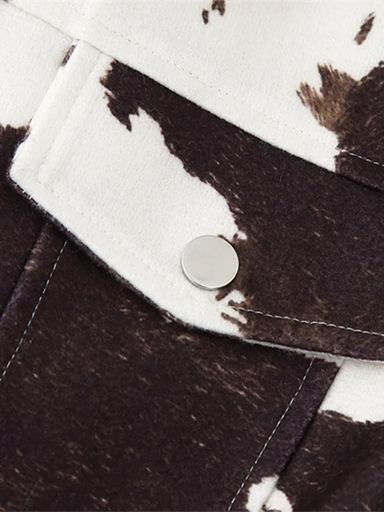 Women's Retro Cow Print Lapel Short Jacket Casual Zipper Button Full Sleeve Coats Autumn Chic Lady Street Outerwear for 2025