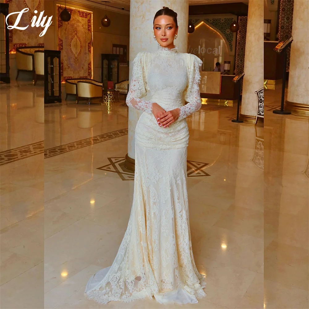 Lily Cream Lace 프롬 드레 High Neck Long Sleeve Prom Gown Ruched Waist Mermaid Party Dresses Lace Up Back Formal Dress Customized