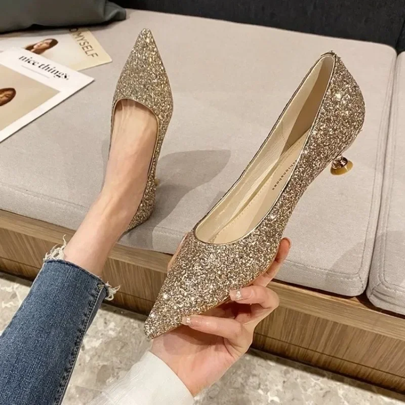 2024 New Fashion Women's Shoes Sequined Pointed Spring and Autumn Women's Comfortable Banquet Slip-on Stiletto Women's Shoes