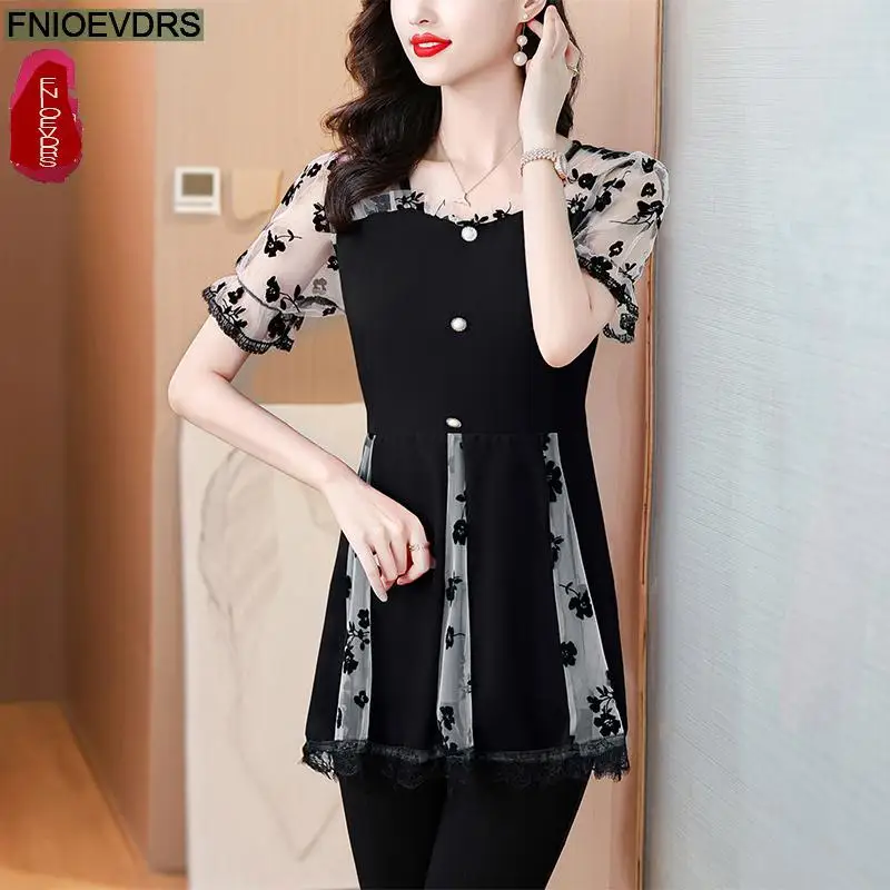 Hot Sales Autumn 2024 Women European Fashion Elegant Black Shirt Sheer Mesh Ruffles Casual Tunic Belly Peplum Tops And Blouses