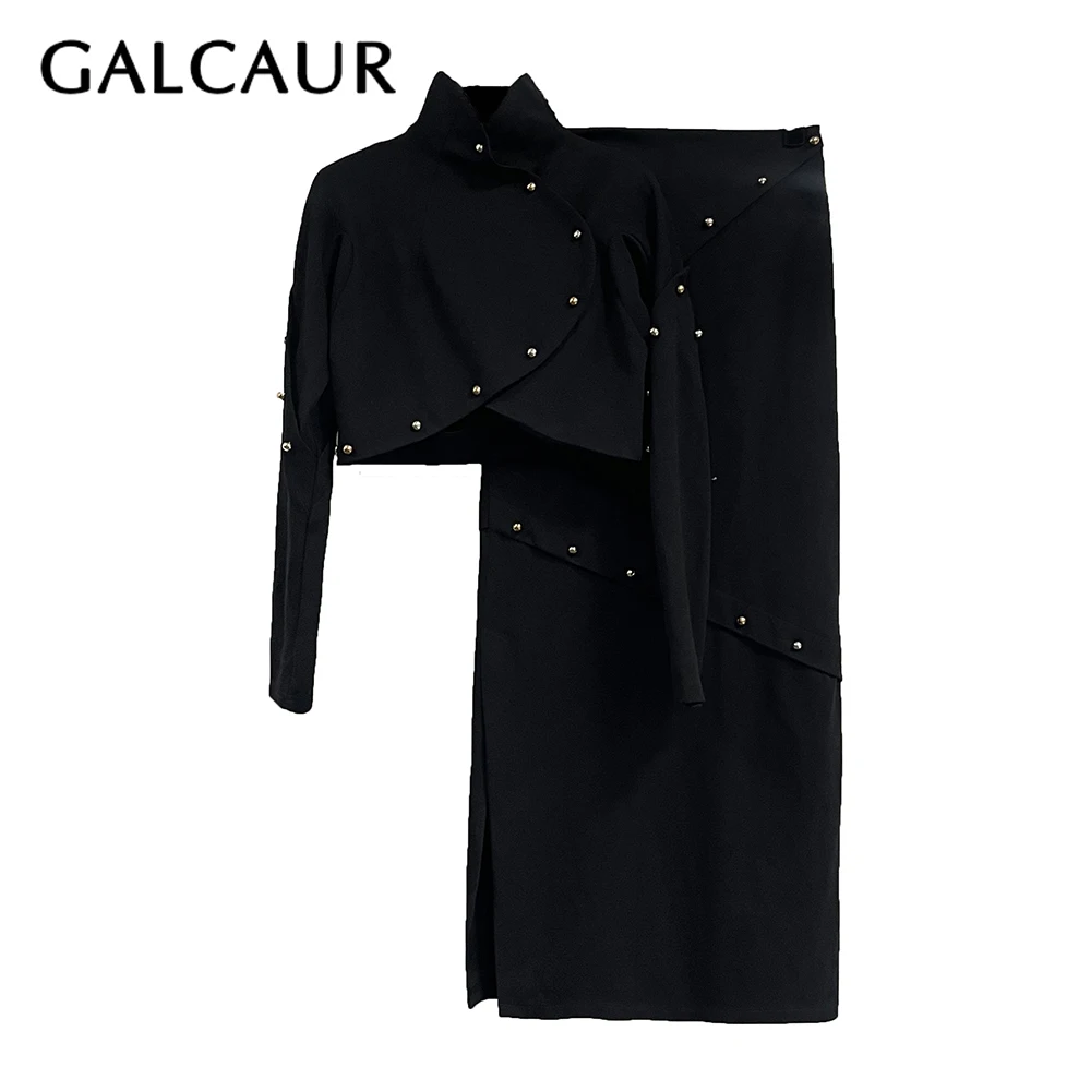 

GALCAUR черный комплект из двух предметов с бусинами, женская куртка с воротником-стойкой и длинными рукавами, легкие роскошные женские комплекты с юбкой, осенняя мода