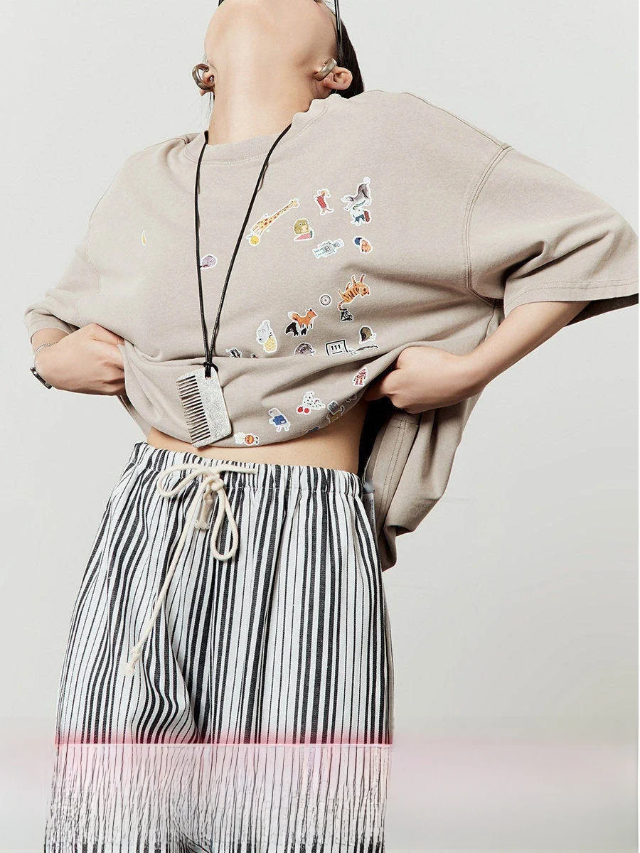 

Женская футболка цвета хаки свободного кроя с круглым вырезом, с мультяшным принтом, повседневная, летняя, новая, стильная, удобная, дышащая, женская майка