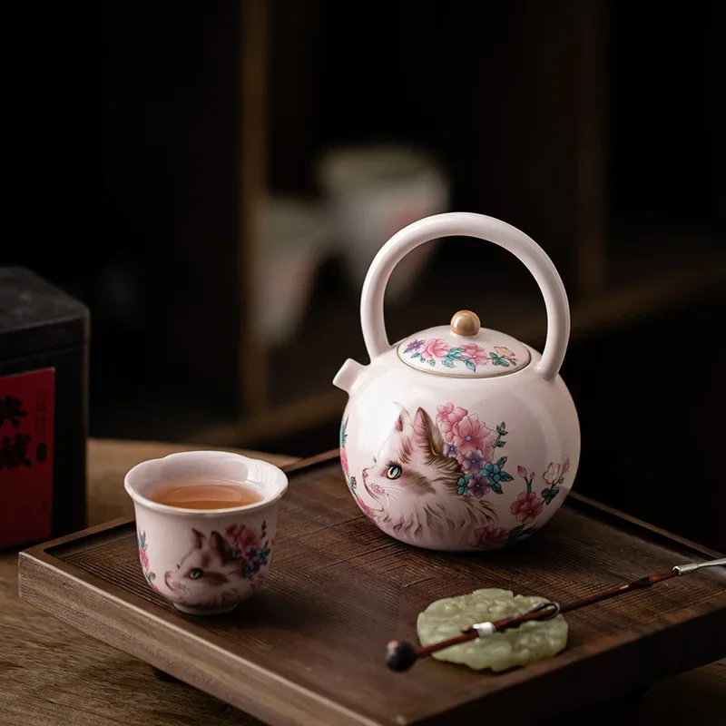 1Pc Pink Ru Kiln Flower Cat Bamboo Beam Pot Large Capacity Brewing Teapot Open Film Raising Ceramic Teapot Kung Fu Tea Set Gifts
