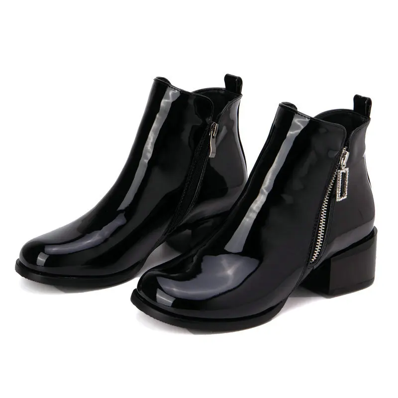 

Extra Big Size 45 46 47 48 49 50 50 51 52 53 54 Patent PU Leather White Black Shoes Zipper Square Chunky Heels Ankle Short Boots