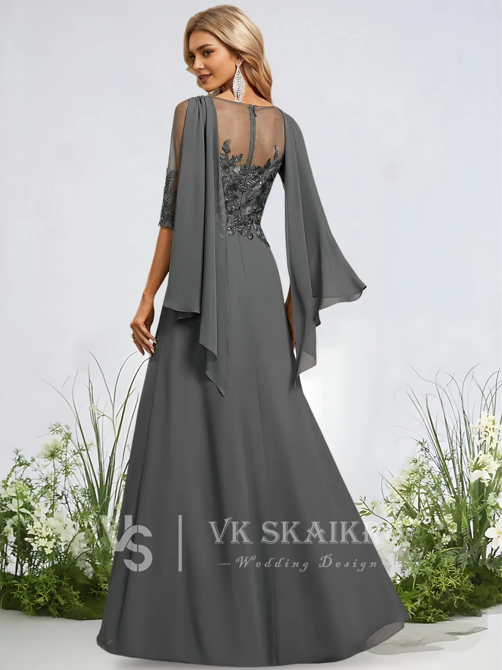 فستان سهرة شيفون دانتيل على شكل حرف a عنابي على شكل حرف v مع سويب تراين ترتر وأكمام كيب فساتين لحضور الحفلات الموسيقية لحفلات الزفاف فساتين رسمية #3