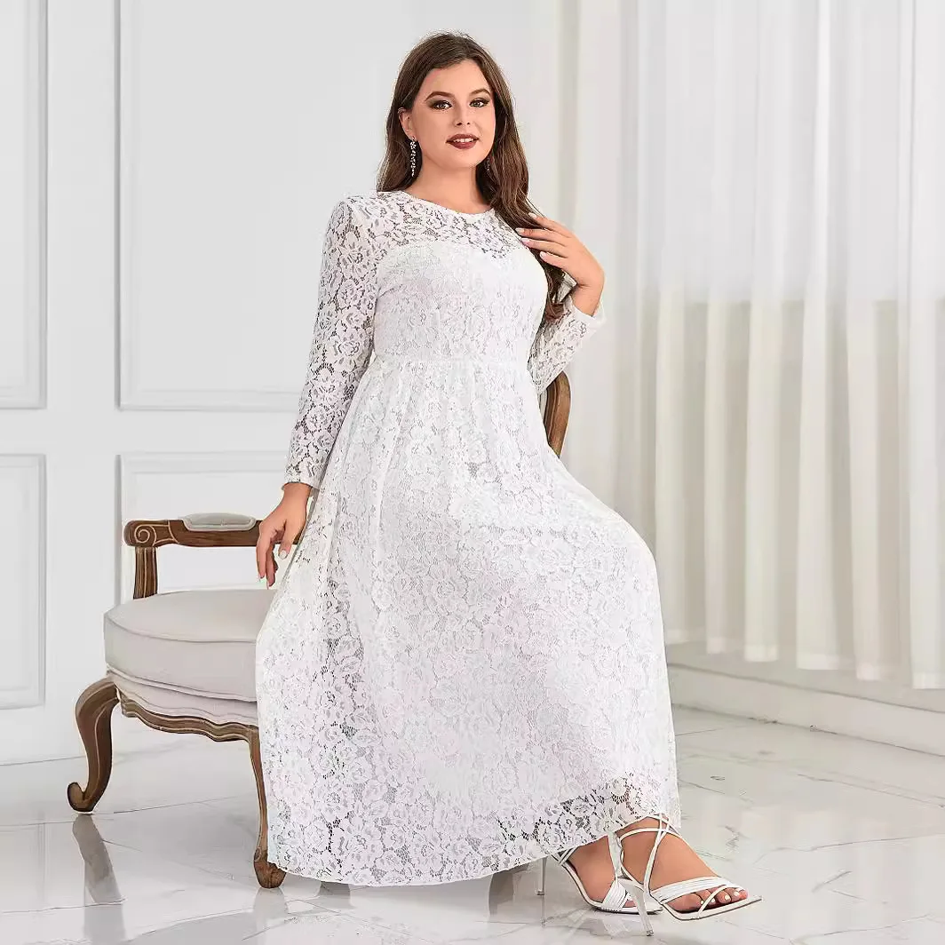 Plus Size Dresses New Spring/Summer Solid Color Long Sleeved Round Neck Lace Large Fit Banquet Evening Dress