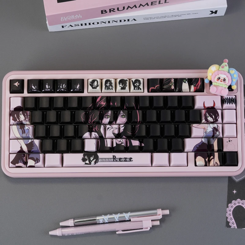 Pink Reze Keycaps Set,130 Keys Cherry Profile Side Print Shine Through Custom PBT Keycaps For MX Switches Mechanical Keyboard