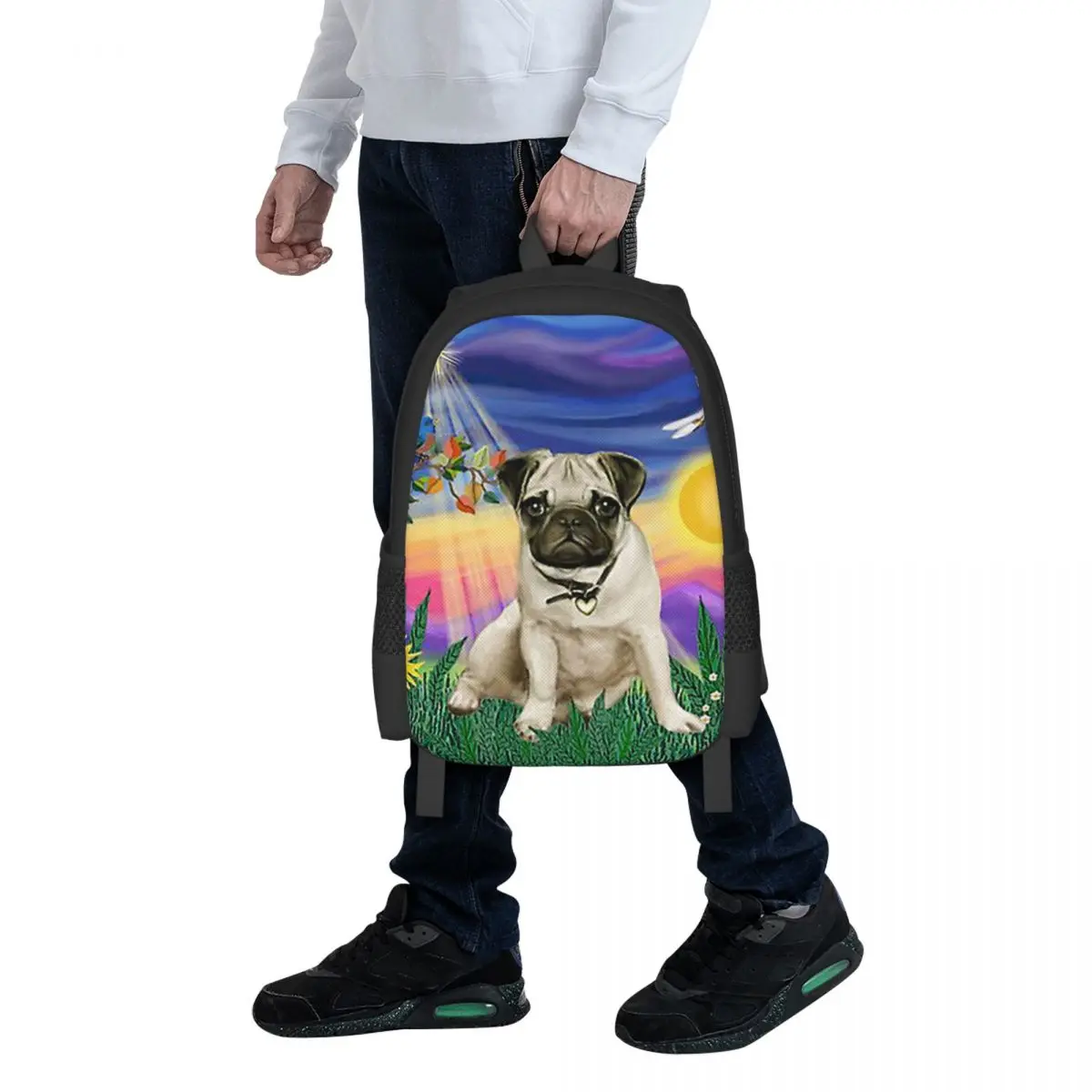 

Twilight With A Pug Student Backpack School Bag Hiking Travel Daypack for Boys Girls Fashion Bookbag Shoulder Bags