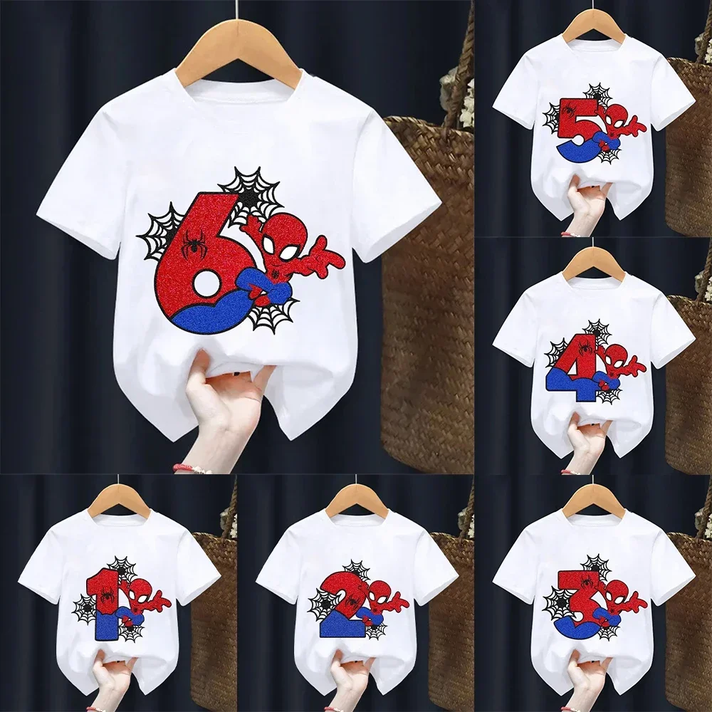 

Spiderman T-shirts for Children Cartoon Birthday Number Printed T-shirt Cute Boys Girls Short Sleeves Tops Summer Kids Clothing