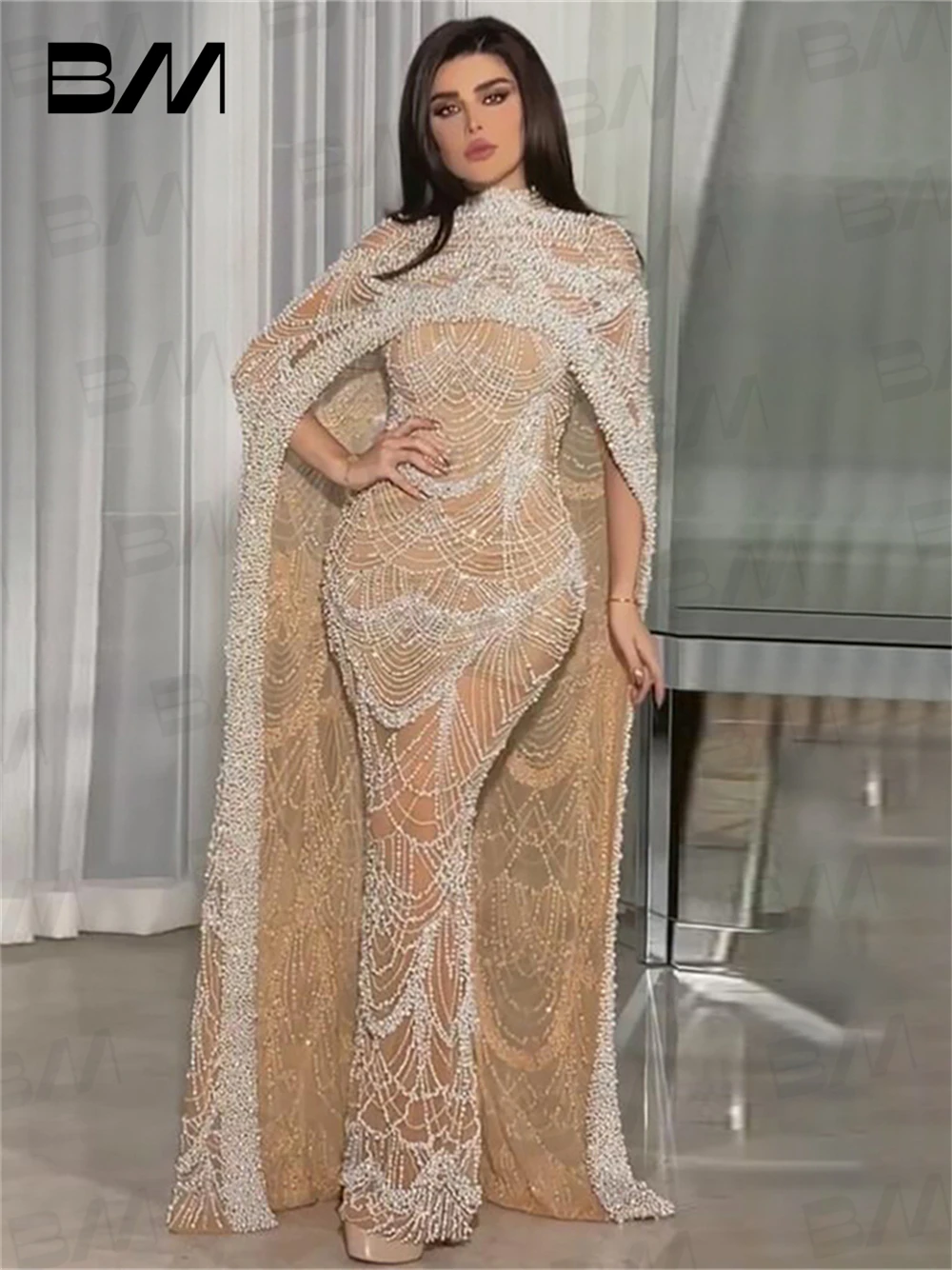 

Real Photo Arabic Formal Dress For Women With Luxury Handmade Beads High Neck Cape Caftan Mermaid Prom Dresses Party Gown