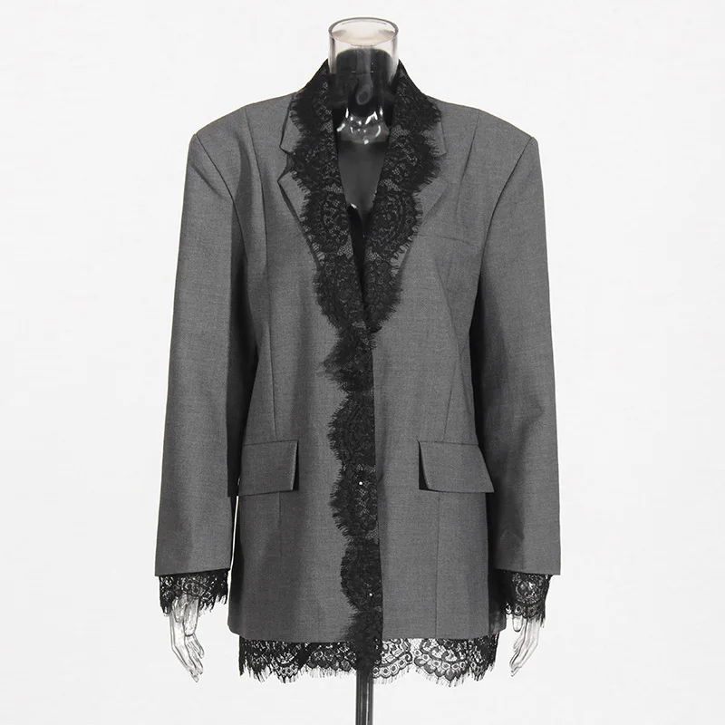Women's 2026 Autumn New Arrival Lace-trimmed Embroidered Lapel Elegant Gray Suit Jacket Пиджак Женский