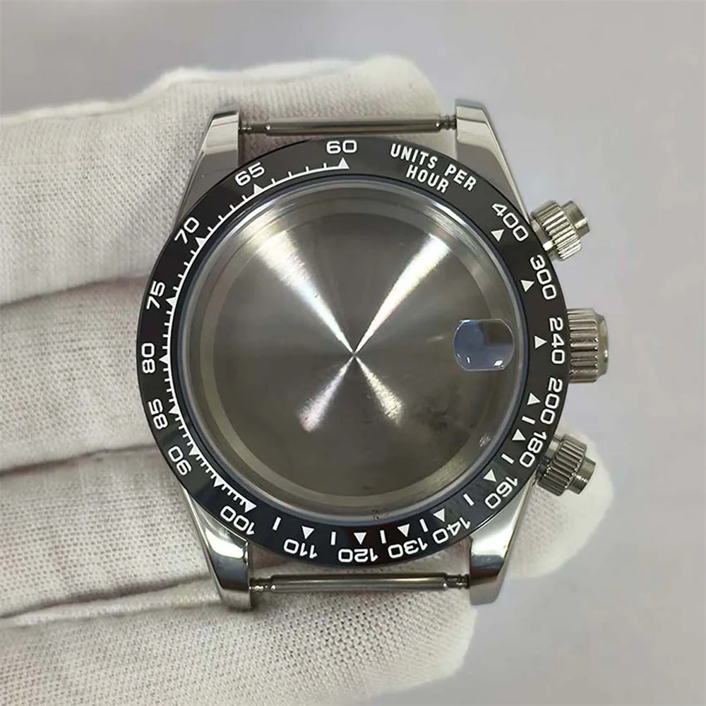 39mm Steel Watch Case Ceramic Bezel Sapphire Crystal Magnifying Glass Lens Watch Accessories for VK67 Quartz Movement
