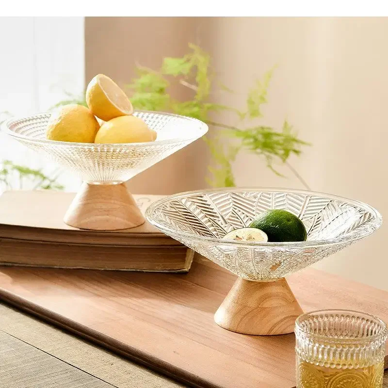 Glass Fruit Plates Snack Candy Trays Wooden Base Home Kitchen Tabletop Simple Tableware High Feet Tray Accessories