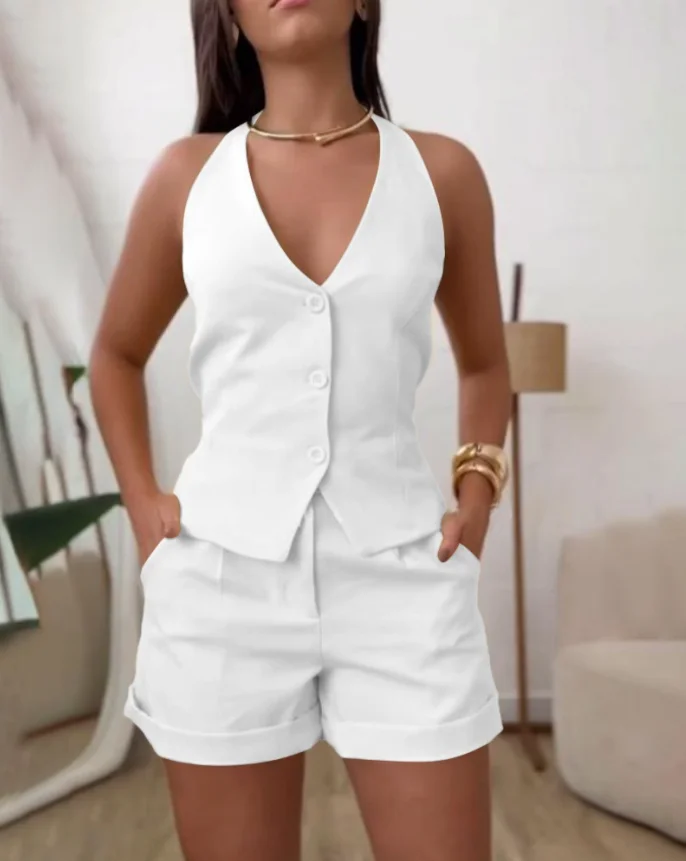 

New Fashion 2025 Summer Sexy 2 Pieces Sets Womens Outfits V Neck Button Front Sleeveless Tank Casual Pocket Design Shorts Set