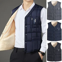 Chaleco de invierno para hombre, chaqueta informal acolchada de felpa, de un solo pecho, sin mangas, con cuello en V, ropa cálida de pesca