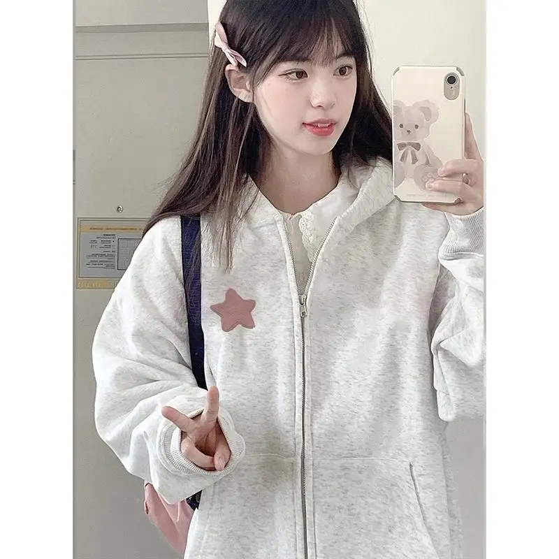 Oversize American Retro Hooded Sweatshirt for Women Autumn and Winter with Thick Velvet and Floral Gray Cardigan Zipper Jacket