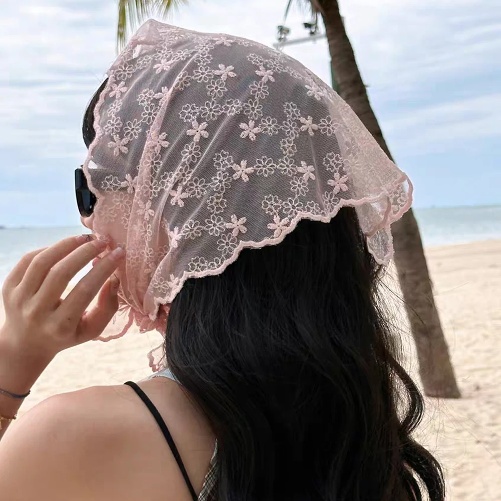 Bufanda de seda dulce de verano para niñas, bufanda Vintage, bufanda triangular de encaje para mujeres musulmanas, accesorios para el cabello Hijab